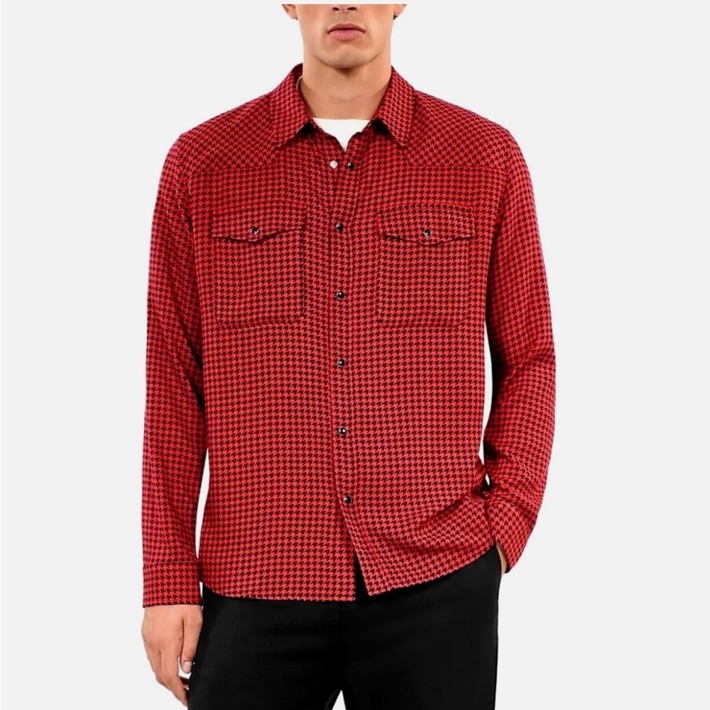 The Kooples Mens houndstooth shirt black red button down snap Sz L NEW